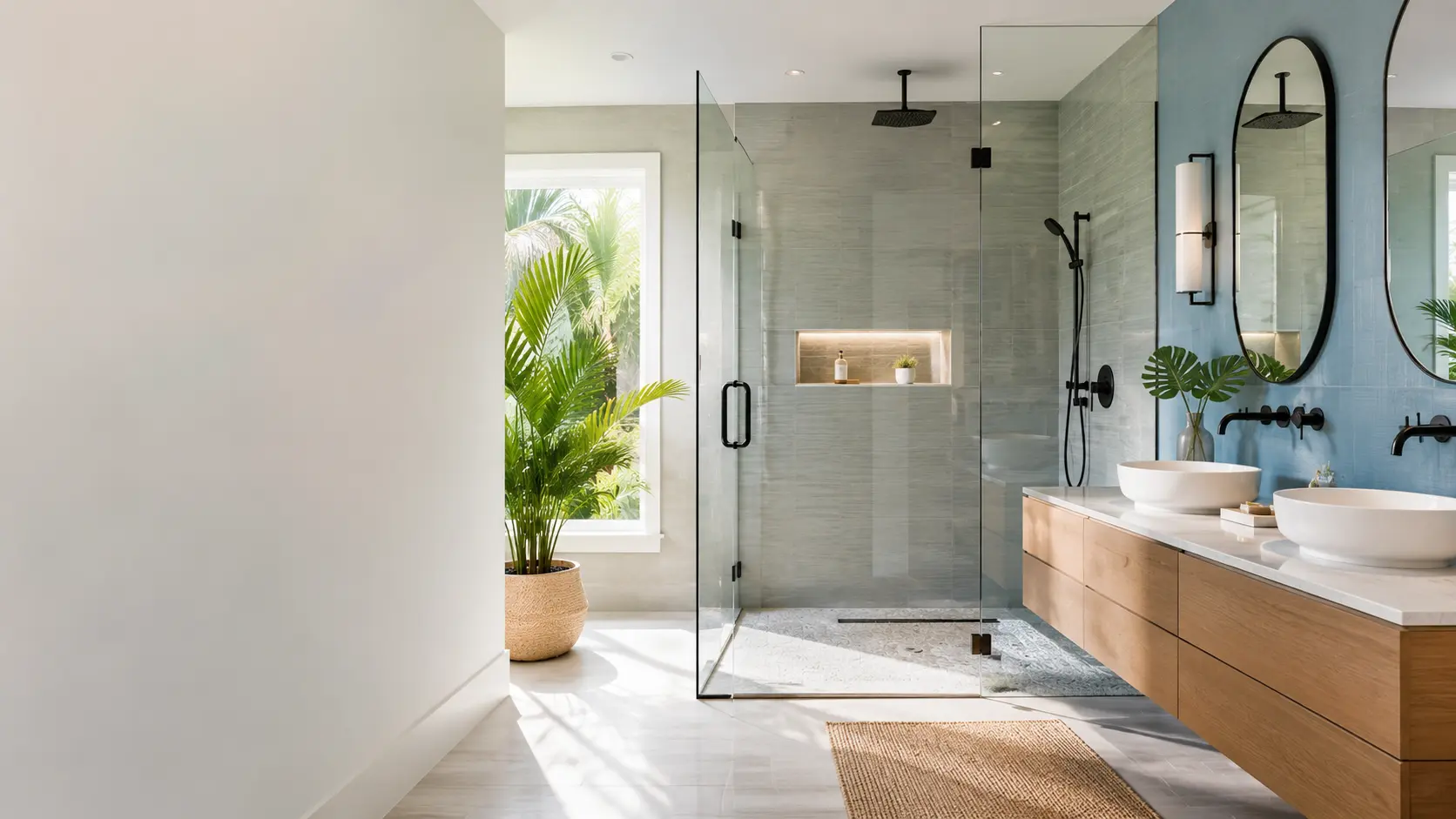 Modern Orlando bathroom remodel with frameless glass walk-in shower and floating wood vanity