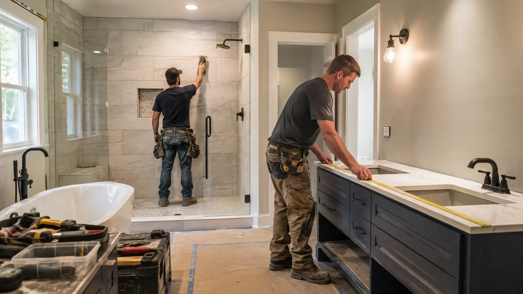 Illustrative bathroom remodeling work with vanity measuring and shower tile installation