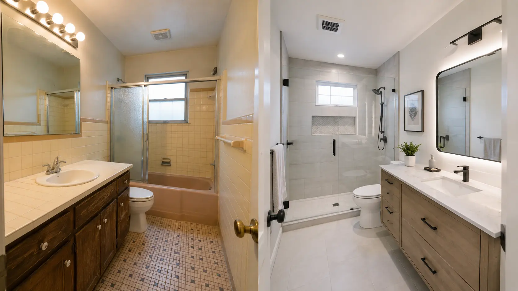 Before and after bathroom remodeling transformation from dated tub to walk-in shower