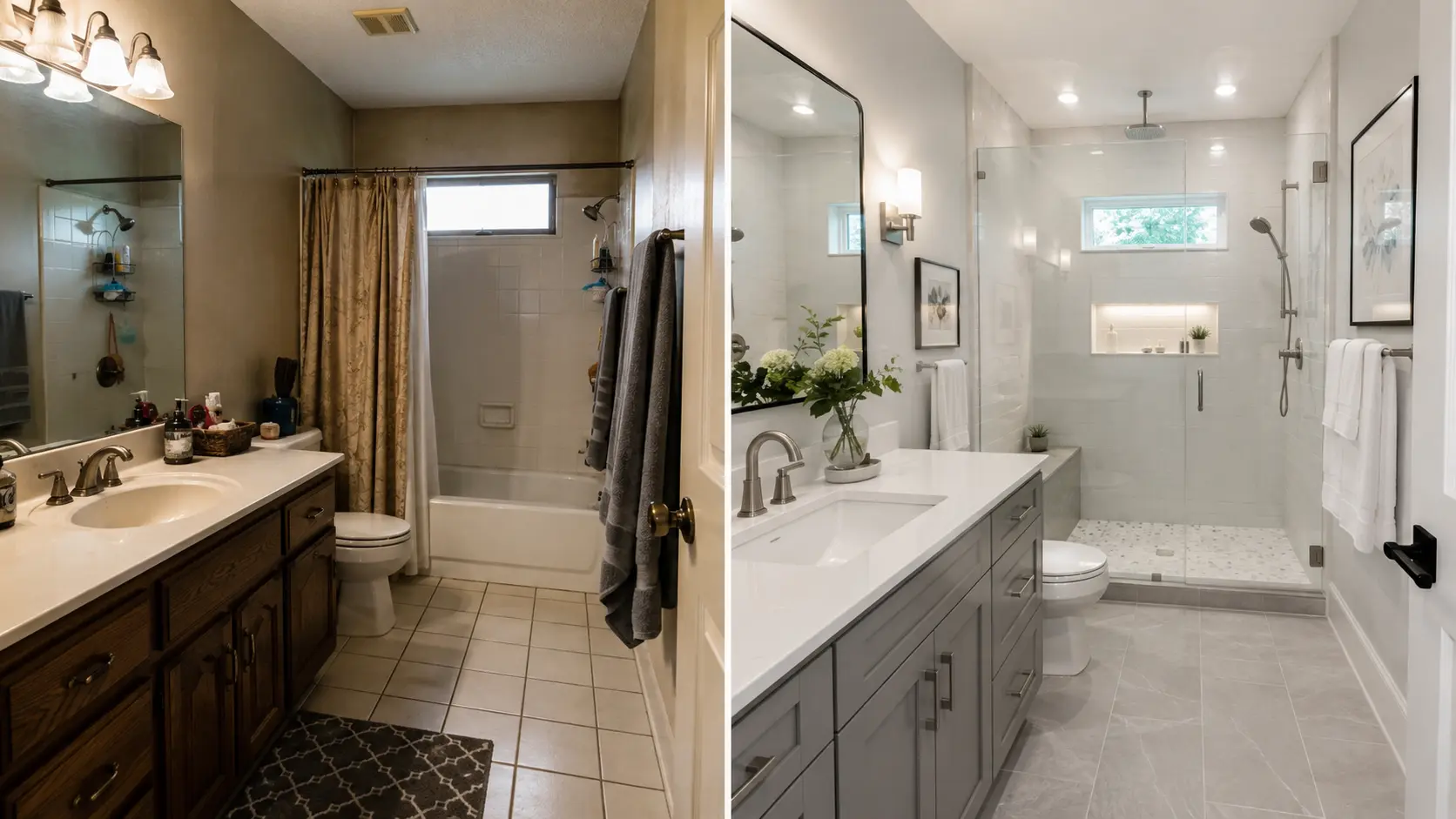 Before and after bathroom remodel showing new vanity, tile and glass shower